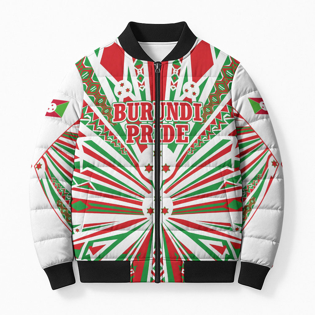 Burundi Pride Beat Of 1962 Independence Day Bomber Puffer Jacket Traditional Karyenda Drummer Art With Flag Sunburst Design