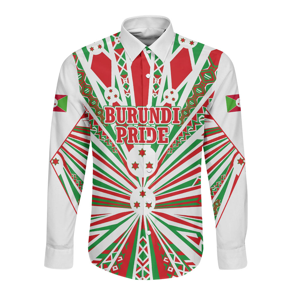 Burundi Pride Beat Of 1962 Independence Day Long Sleeve Button Shirt Traditional Karyenda Drummer Art With Flag Sunburst Design