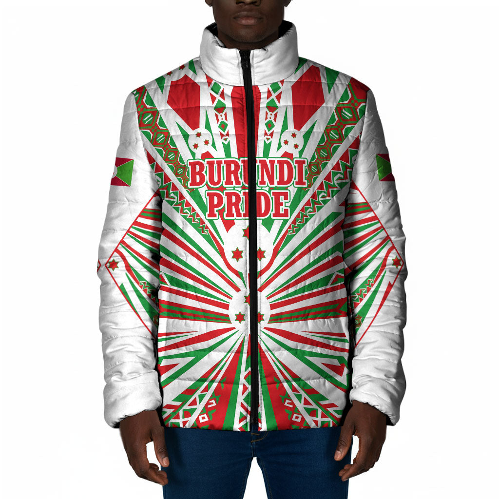 Burundi Pride Beat Of 1962 Independence Day Padded Jacket Traditional Karyenda Drummer Art With Flag Sunburst Design
