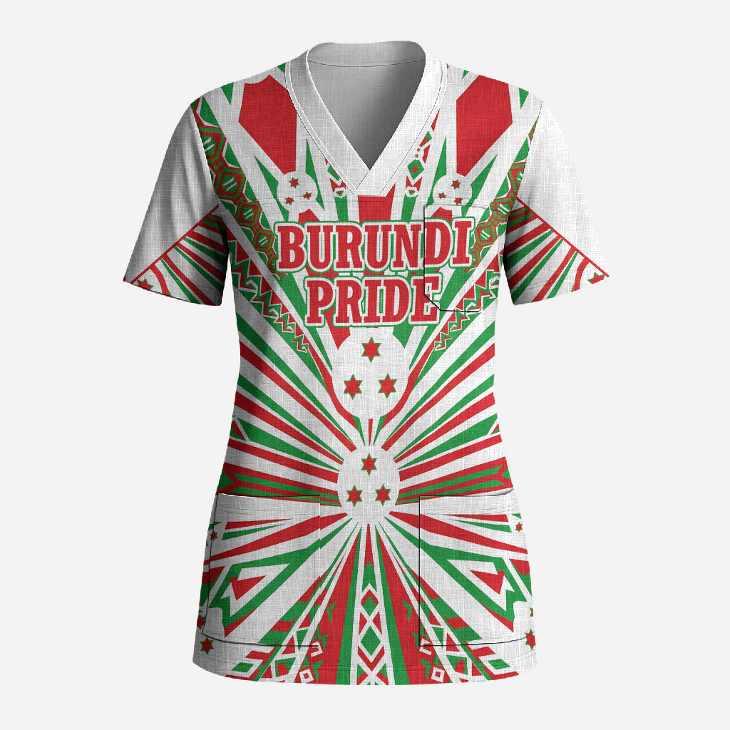 Burundi Pride Beat Of 1962 Independence Day Scrub Top Traditional Karyenda Drummer Art With Flag Sunburst Design
