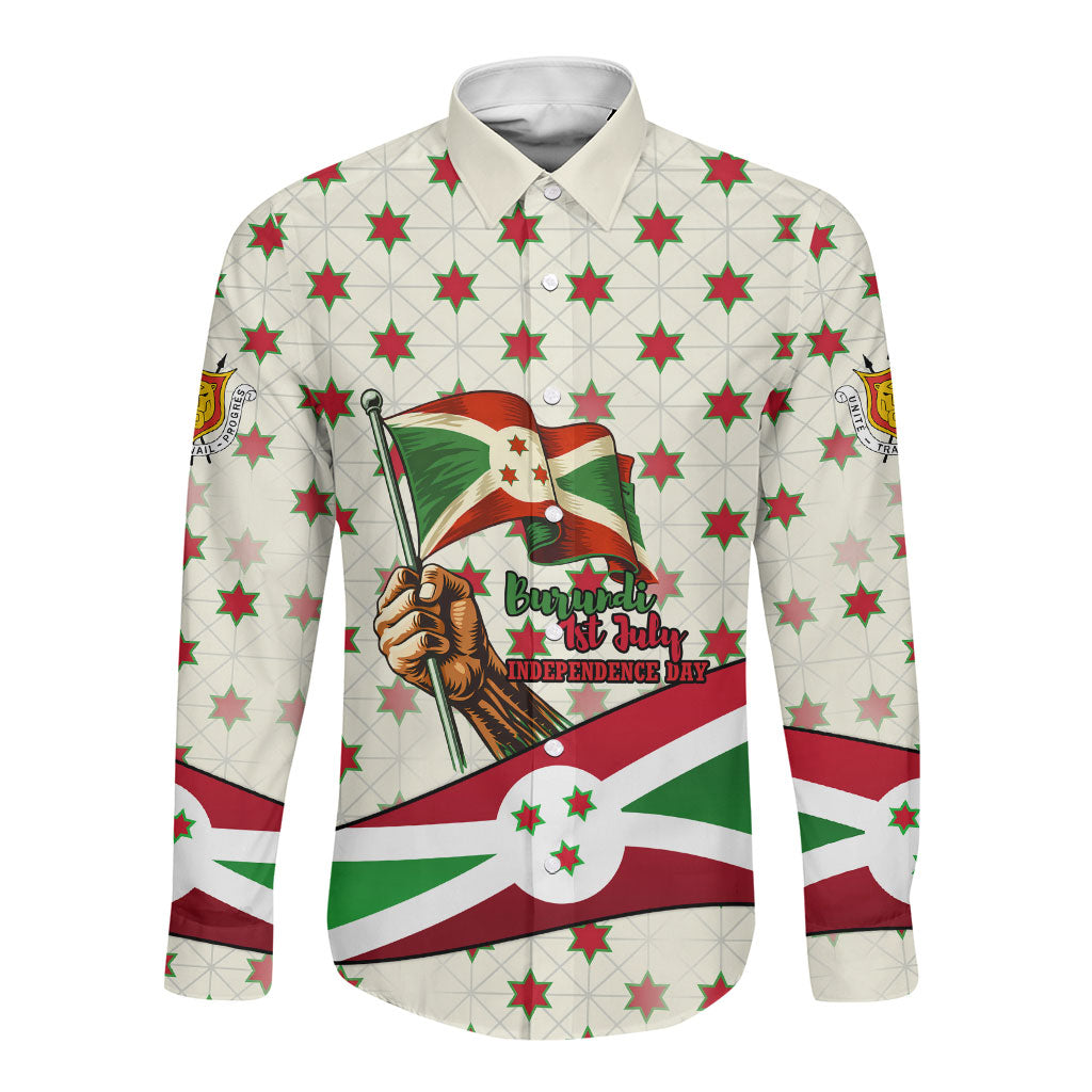 Burundi 1st July Independence Day Long Sleeve Button Shirt Patriotic Flag Portrait Art - Geometric Star Pattern
