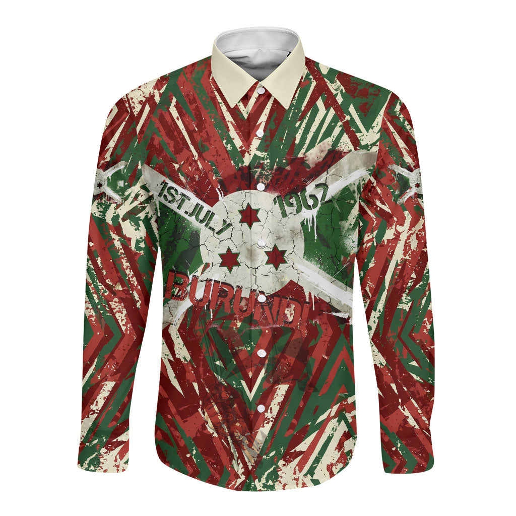Burundi Independence Day Long Sleeve Button Shirt 1st July 1962 Distressed Grunge Flag Art - Broken Chains And Freedom Star