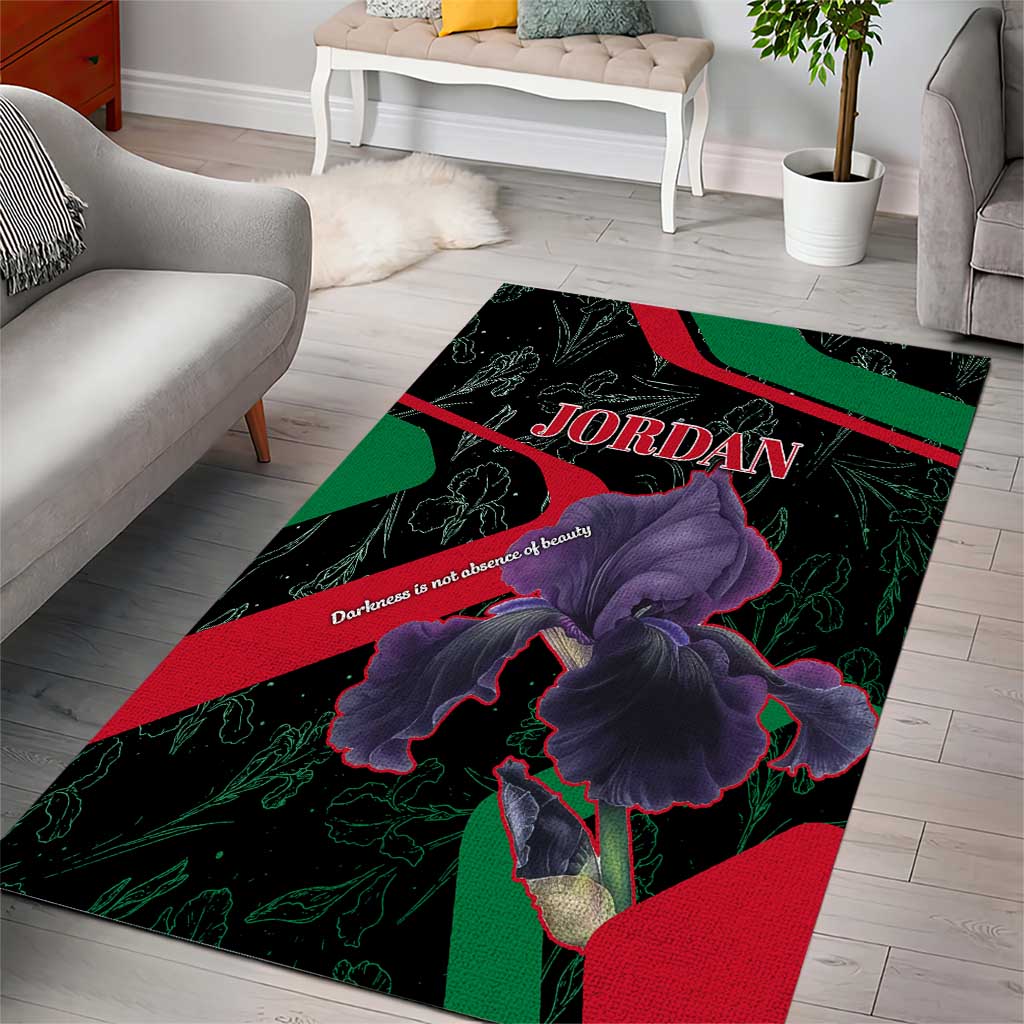 Black area rug with purple iris and bold green and red banded stripes