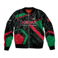 Jordan Black Iris Bomber Jacket with Flag Colors and Cultural Quote