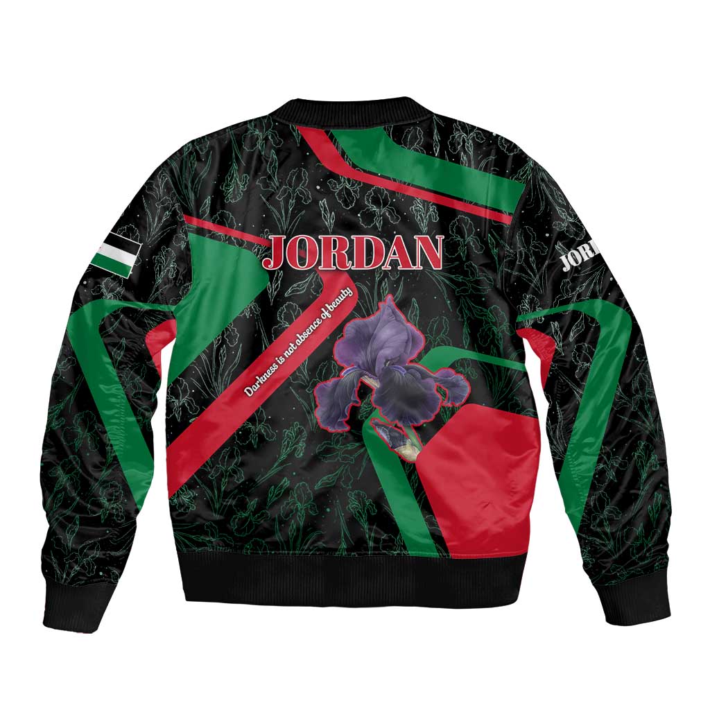 Jordan Black Iris Bomber Jacket with Flag Colors and Cultural Quote