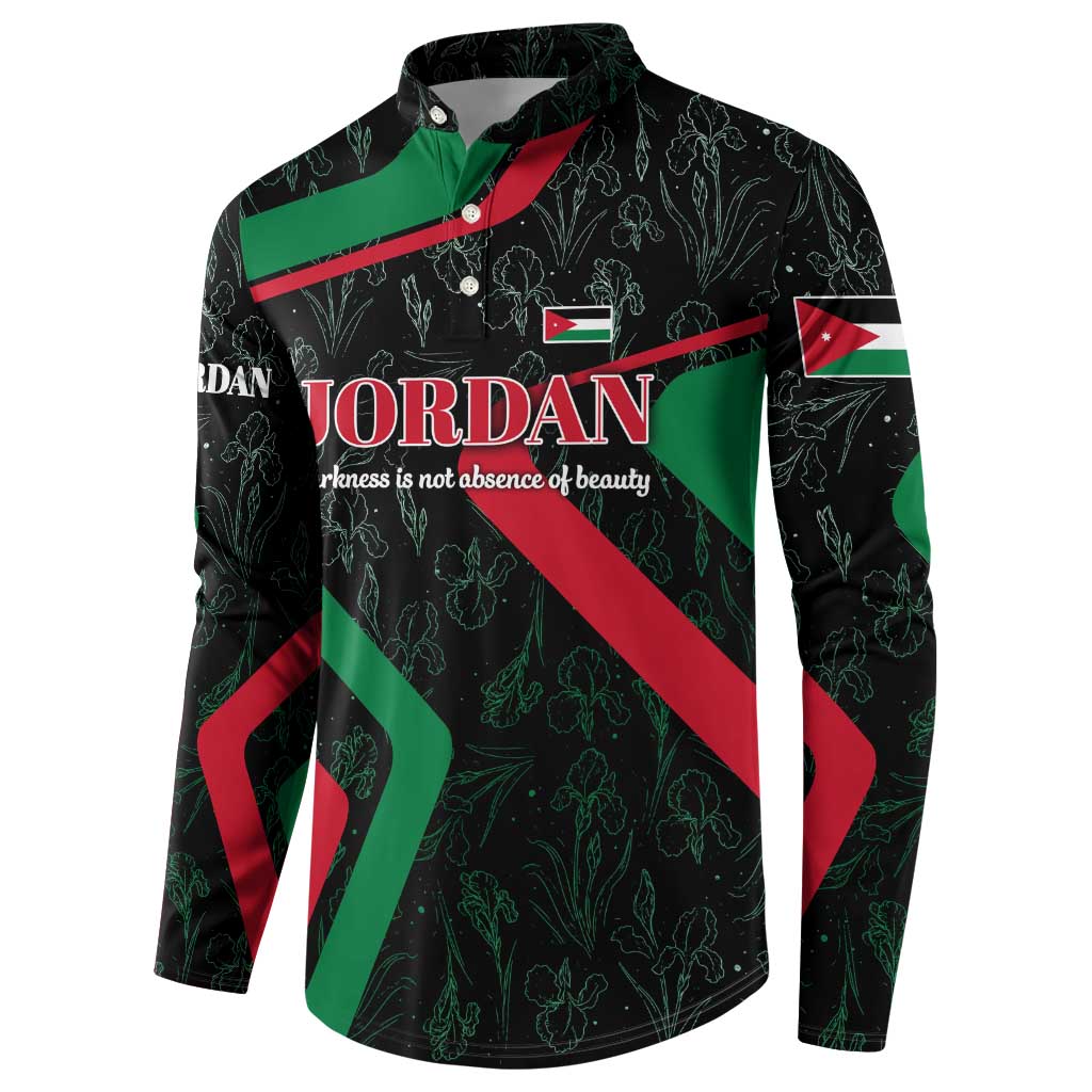 Jordan Black Iris Button Sweatshirt with Flag Colors and Cultural Quote