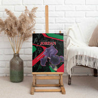Canvas wall art on easel showing “JORDAN” text and purple flower design with flag colors.