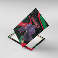 Canvas wall art with “JORDAN” text, purple flowers, and red green flag stripe accents.