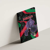 Canvas wall art tilted on a wall with “JORDAN” text and purple flower artwork.