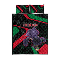 Black quilt bed set with Jordan lettering, red and green bands, purple emblem center