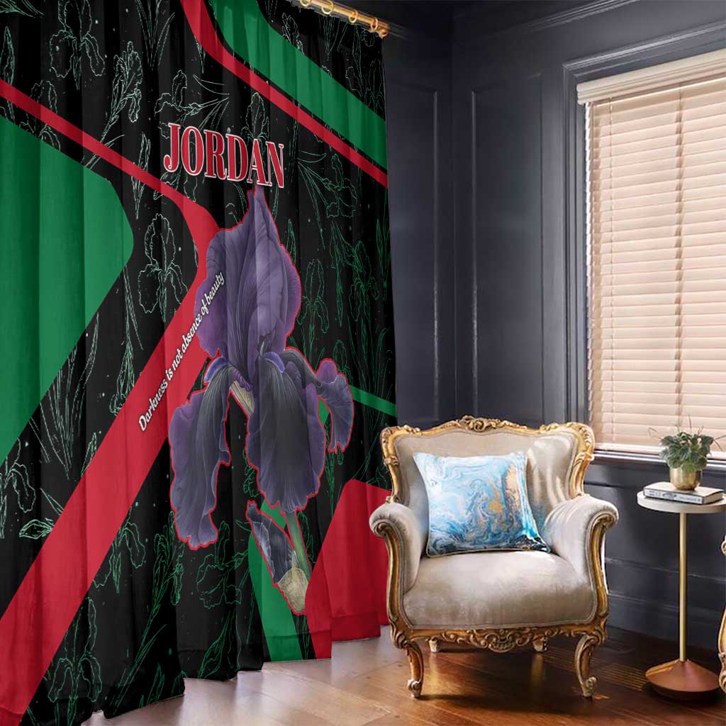 Jordan Black Iris Window Curtain with Flag Colors and Cultural Quote