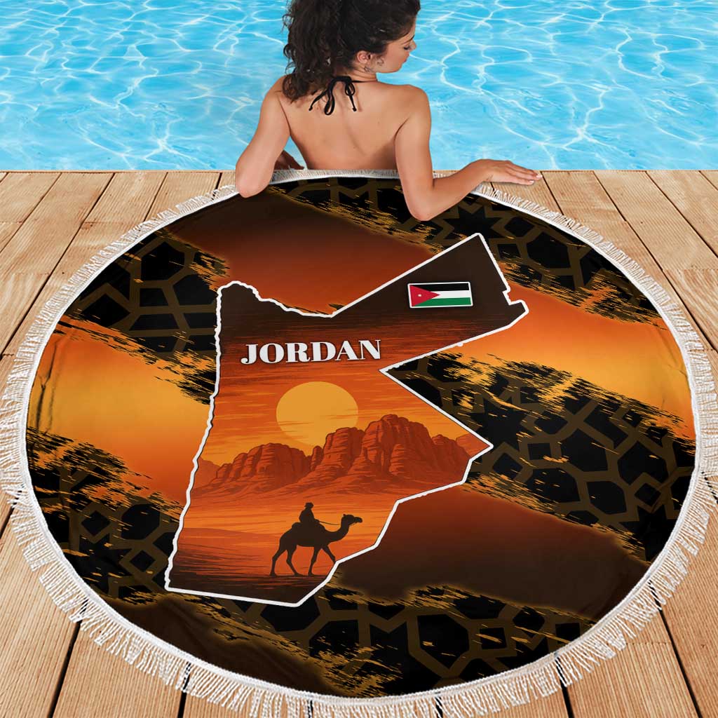 Jordan Desert Sunset Beach Blanket with Camel and Traditional Geometric Pattern