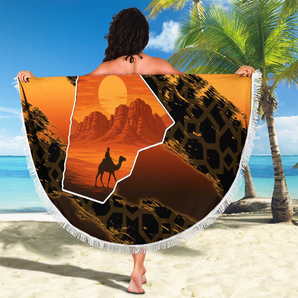 Jordan Desert Sunset Beach Blanket with Camel and Traditional Geometric Pattern