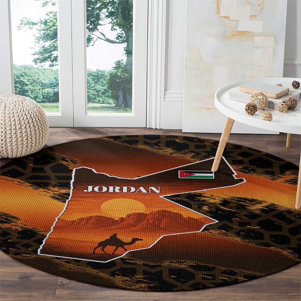Jordan Desert Sunset Round Carpet with Camel and Traditional Geometric Pattern