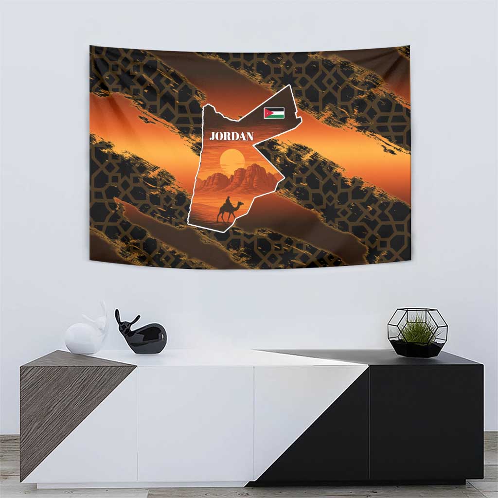 Jordan Desert Sunset Tapestry with Camel and Traditional Geometric Pattern