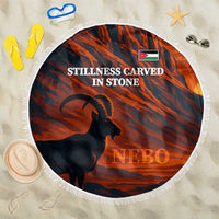 Round beach blanket with fringe, red desert artwork and black horse silhouette