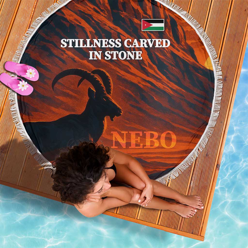 Round beach blanket with fringe, red desert pattern, horse silhouette and NEBO text