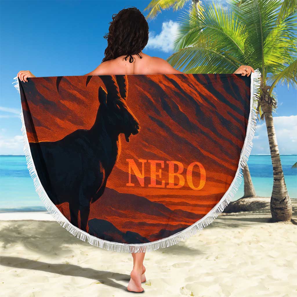 Round beach blanket with fringe, black horse silhouette on red desert scene with NEBO