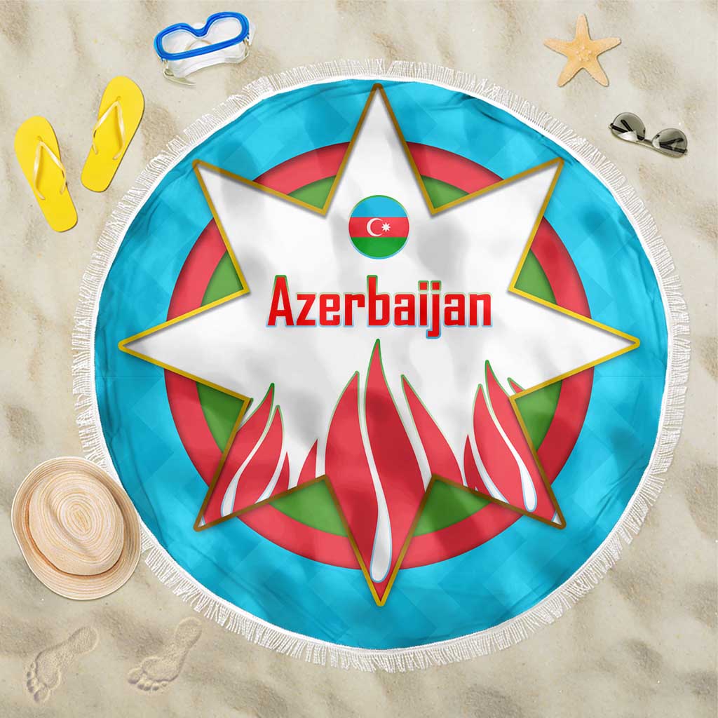 Azerbaijan National Emblem Beach Blanket with Star and Flame Design in Sky Blue