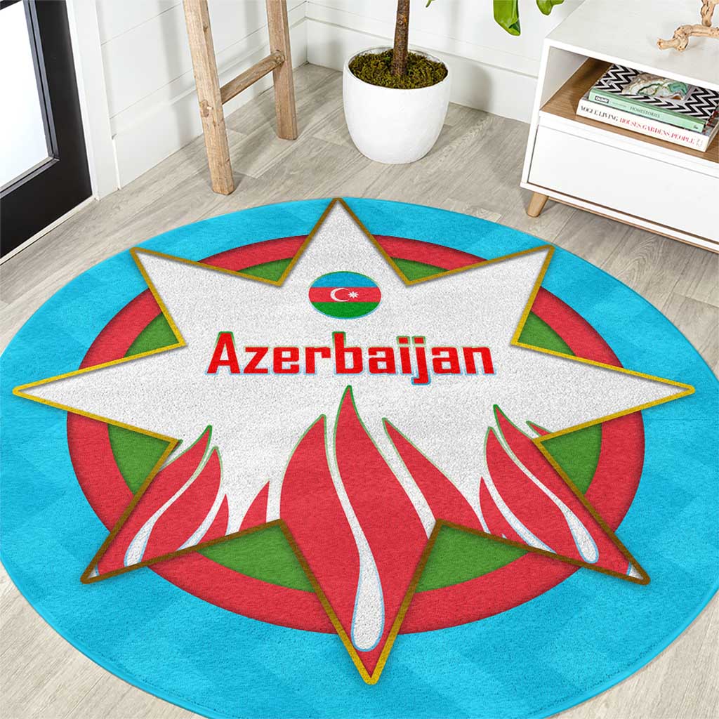 Azerbaijan National Emblem Round Carpet with Star and Flame Design in Sky Blue