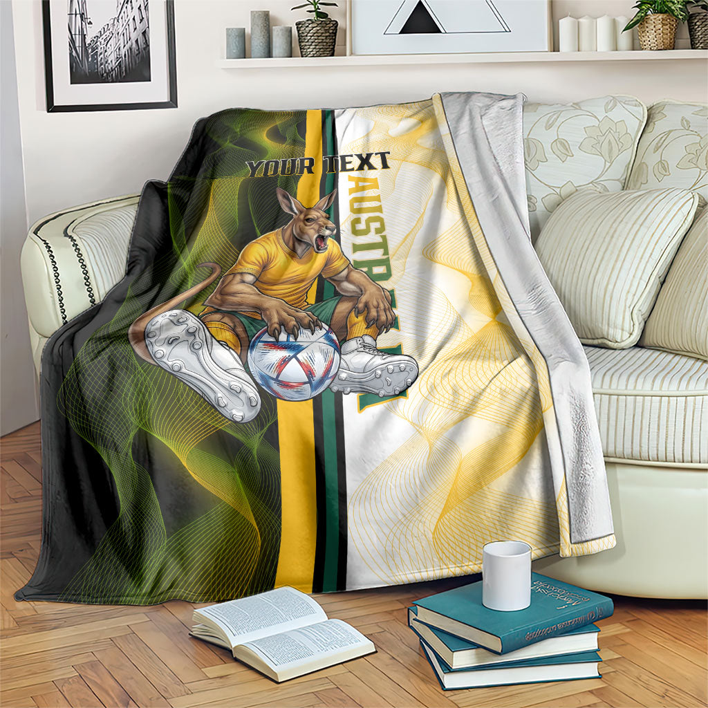 Personalized Australia Soccer Kangaroo Blanket World Football Mascot Green Gold Abstract Wave