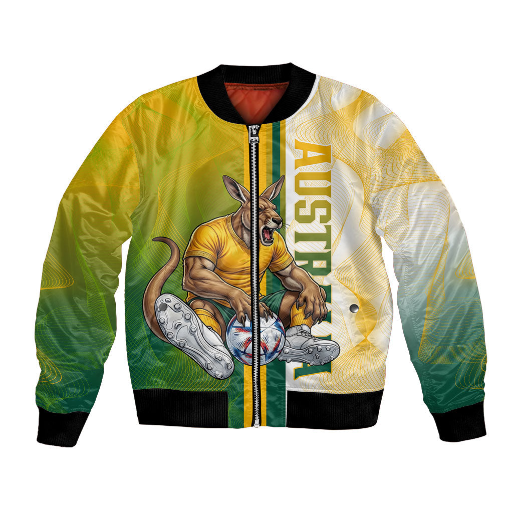 Personalized Australia Soccer Kangaroo Bomber Jacket World Football Mascot Green Gold Abstract Wave