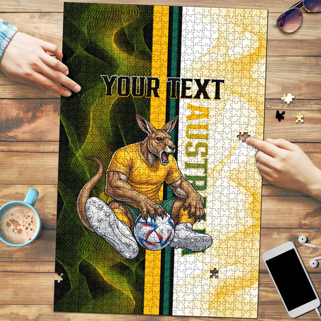 Personalized Australia Soccer Kangaroo Puzzle World Football Mascot Green Gold Abstract Wave