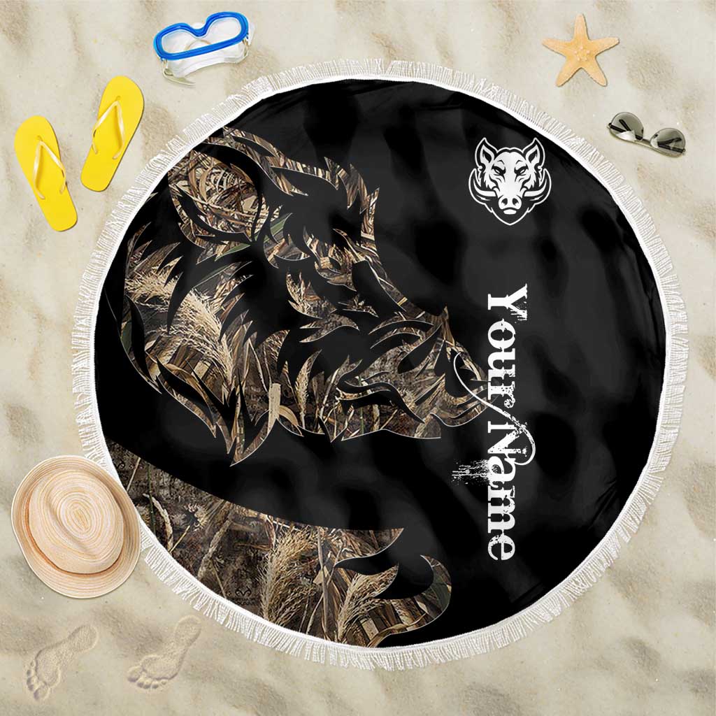 Round black camouflage beach blanket with boar silhouette, custom text, and white fringe