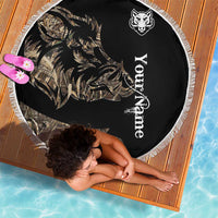 Round black camouflage beach blanket with boar emblem, custom text, and white fringed edge