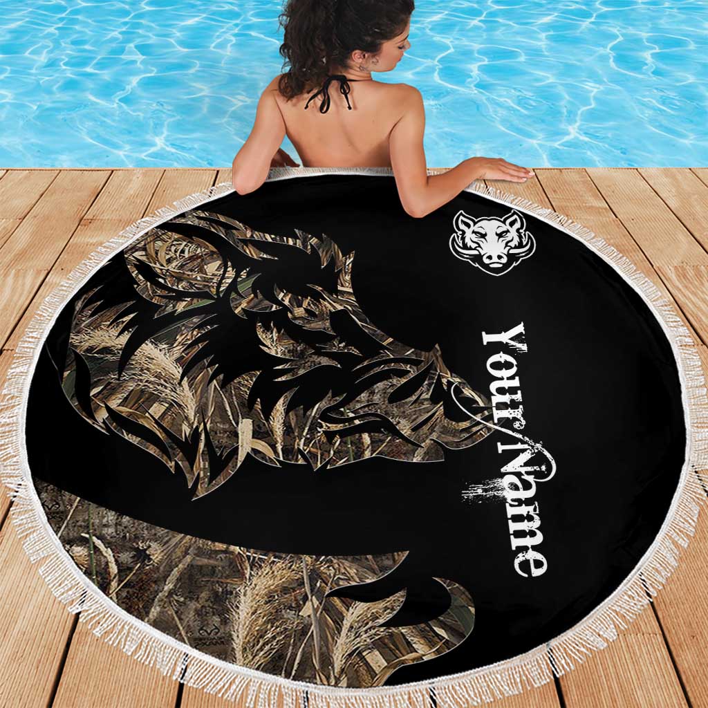 Round black camouflage beach blanket with boar emblem and custom text, fringed border