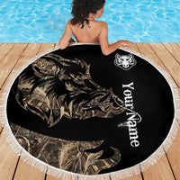 Round black camouflage beach blanket with boar emblem and custom text, fringed border