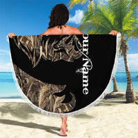 Round black camouflage beach blanket with boar silhouette, custom text, and white fringe