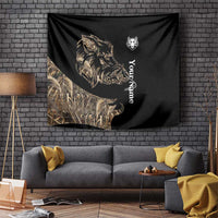 Black boar hunting camouflage tapestry with boar silhouette, white emblem and vertical script
