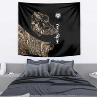 Black boar hunting tapestry with camo grass and boar silhouette, white emblem, vertical script