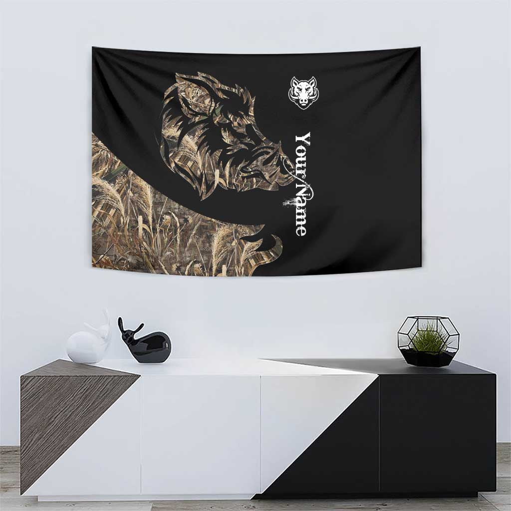 Black hunting tapestry showing boar silhouette in camouflage grass, white emblem, vertical script