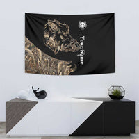 Black hunting tapestry showing boar silhouette in camouflage grass, white emblem, vertical script