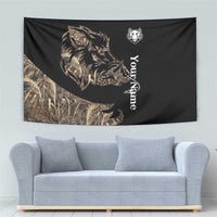 Black boar hunting camouflage tapestry with large boar silhouette, white emblem, vertical script