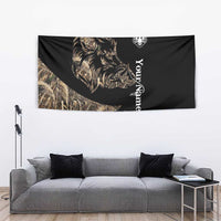 Black tactical camo boar hunting tapestry with boar silhouette, white emblem and vertical script