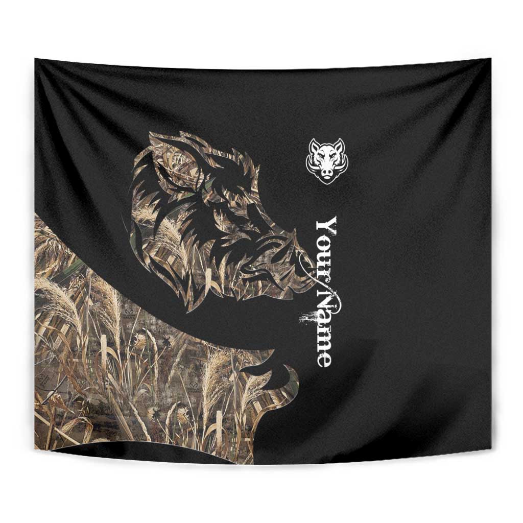 Close-up black boar hunting camouflage tapestry with boar silhouette, white emblem, vertical script