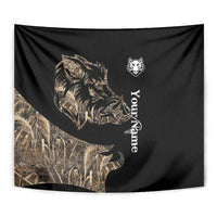 Close-up black boar hunting camouflage tapestry with boar silhouette, white emblem, vertical script
