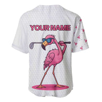 Personalized Pink Flamingo Playing Golf Baseball Jersey Sunglasses and White Pattern Background Design - Wonder Print Shop