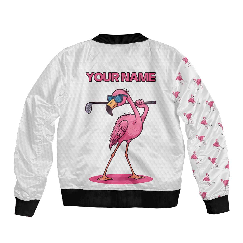 Personalized Pink Flamingo Playing Golf Bomber Jacket Sunglasses and White Pattern Background Design - Wonder Print Shop
