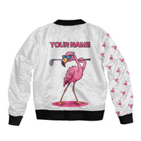 Personalized Pink Flamingo Playing Golf Bomber Jacket Sunglasses and White Pattern Background Design - Wonder Print Shop