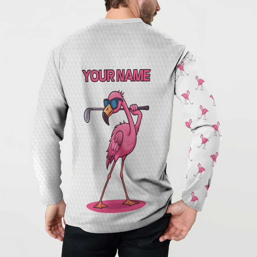 Personalized Pink Flamingo Playing Golf Button Sweatshirt Sunglasses and White Pattern Background Design - Wonder Print Shop