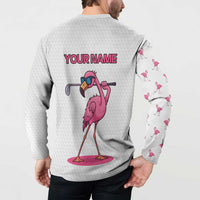 Personalized Pink Flamingo Playing Golf Button Sweatshirt Sunglasses and White Pattern Background Design - Wonder Print Shop