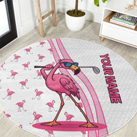 Personalized Pink Flamingo Playing Golf Round Carpet Sunglasses and White Pattern Background Design - Wonder Print Shop