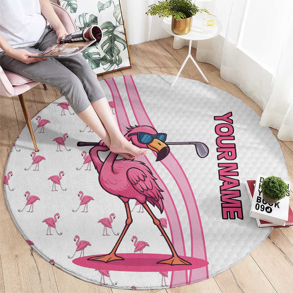 Personalized Pink Flamingo Playing Golf Round Carpet Sunglasses and White Pattern Background Design - Wonder Print Shop