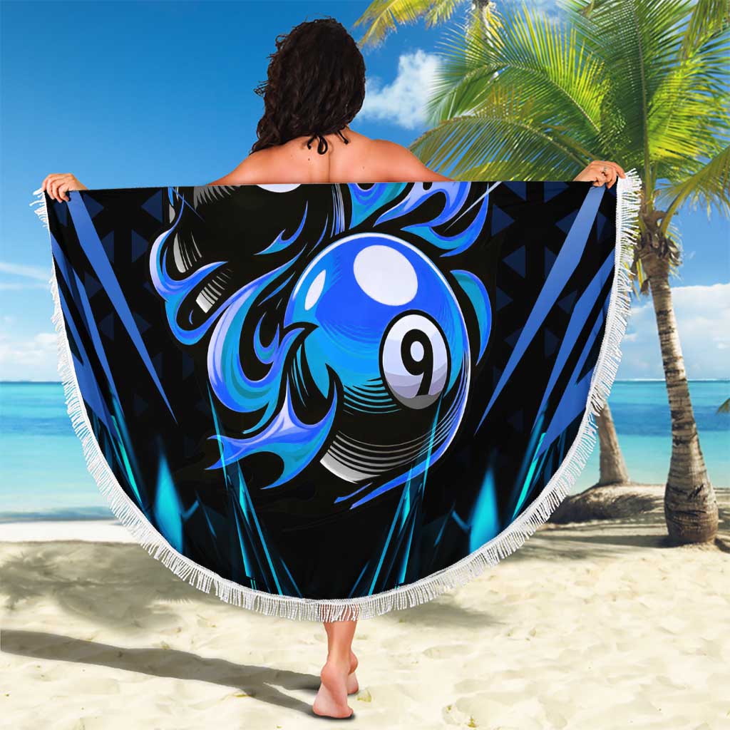 Billiards Design Beach Blanket with Blue Flame Eight Ball and Lightning Pattern in Black Cyan Gradient Background - Wonder Print Shop