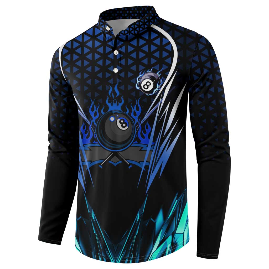 Billiards Design Button Sweatshirt with Blue Flame Eight Ball and Lightning Pattern in Black Cyan Gradient Background - Wonder Print Shop