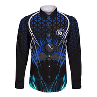 Billiards Design Long Sleeve Button Shirt with Blue Flame Eight Ball and Lightning Pattern in Black Cyan Gradient Background - Wonder Print Shop
